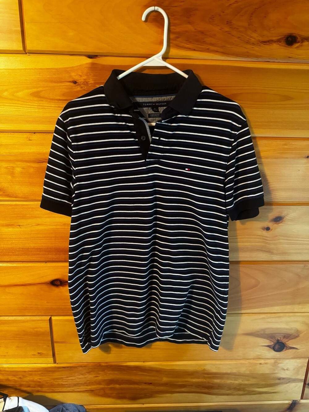 Tommy Hilfiger Black Blue Striped Polo Shirt Size Medium
